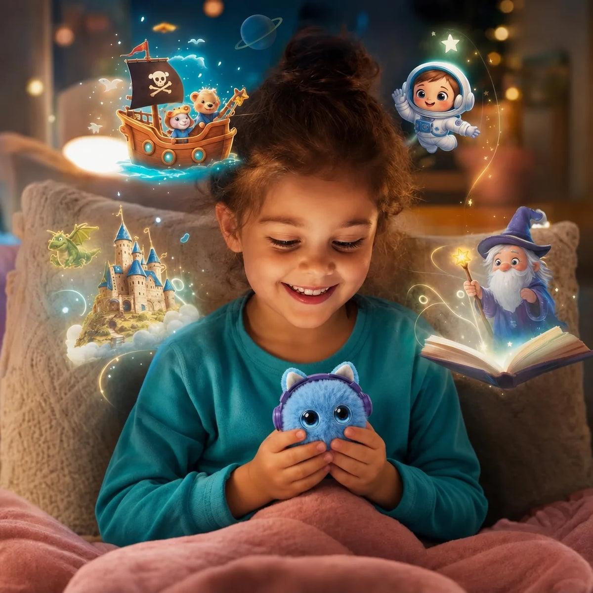 Close-up of a child interacting with Lunipo, with visual cues representing stories, songs, and missions.
